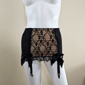 Coquette Black Nude Retro Garter Belt, Lace and Satin with Bows